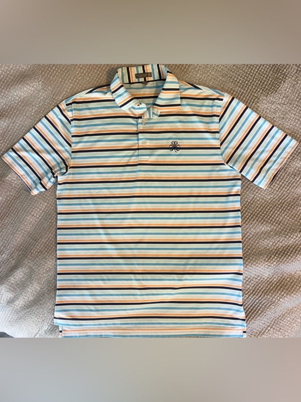 Peter Millar 👑 Summer Comfort Polo L Stripe Blue Orange Raynor Cup Logo